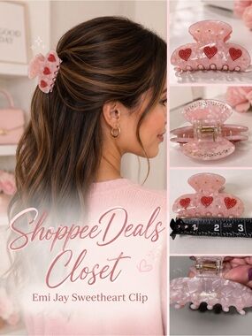 Emi Jay Sweetheart Clip Pink Marble Red Rhinestone Hearts Hair Claw